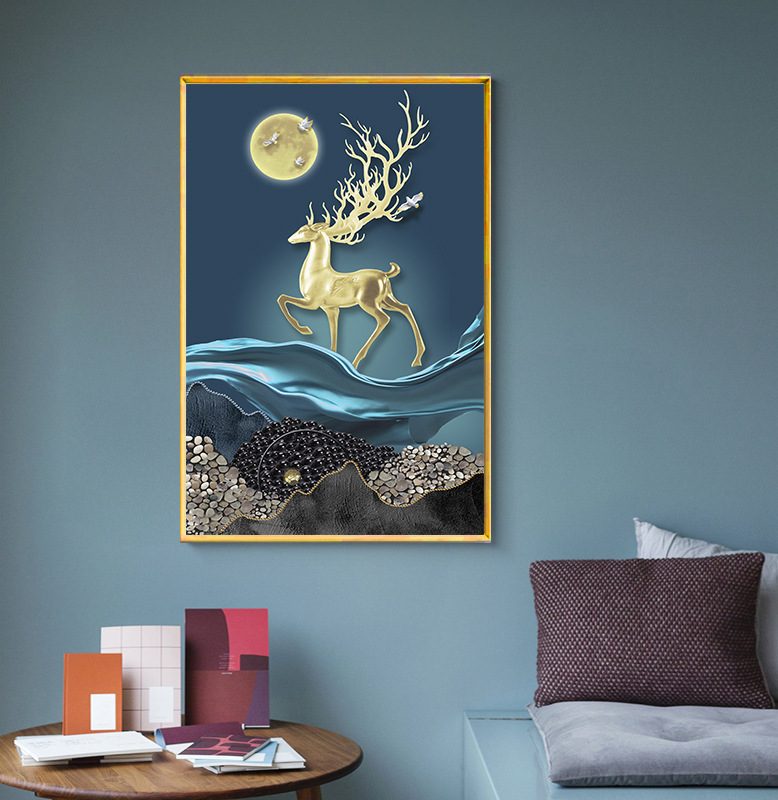 Picture decorative painting core HD micro-spray fashion painting hand-painted oil painting photo printing Chinese painting framed picture frame Golden Deer