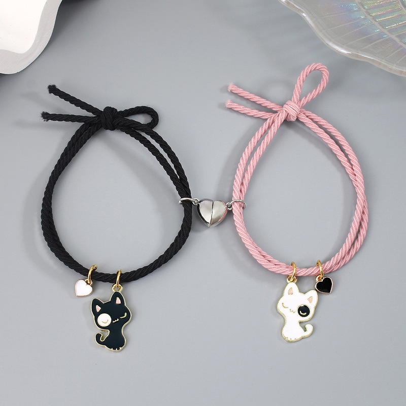 European and American new cartoon black white cat love magnet couple bracelet men's and women's bracelet hair rope dual-use jewelry wholesale