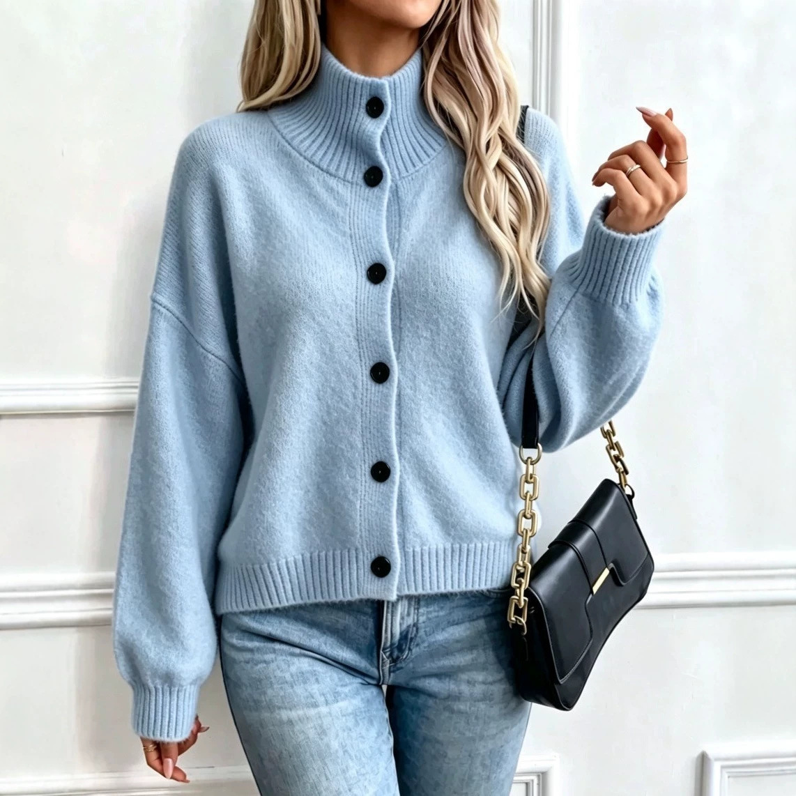 Warm stylish knit cardigan跨境立领宽松时尚纽扣纯色针织开衫女