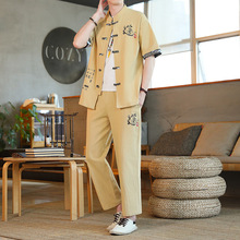 中国风男士短袖套装2024夏季刺绣新中式宽松大码休闲套装立领唐装
