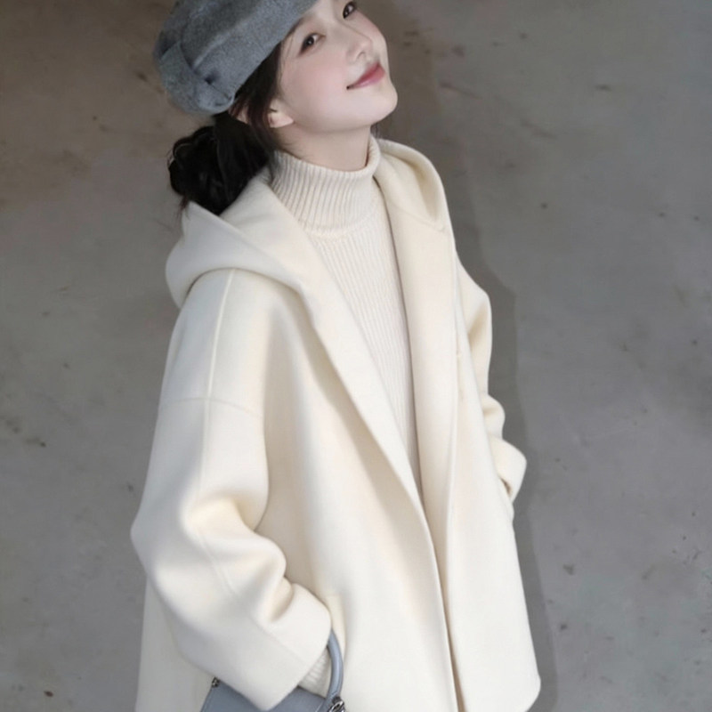 White Hooded Double-Sided Woolen Coat for Women, 2025 Winter New Style, Light Luxury High-End Short Woolen Coat