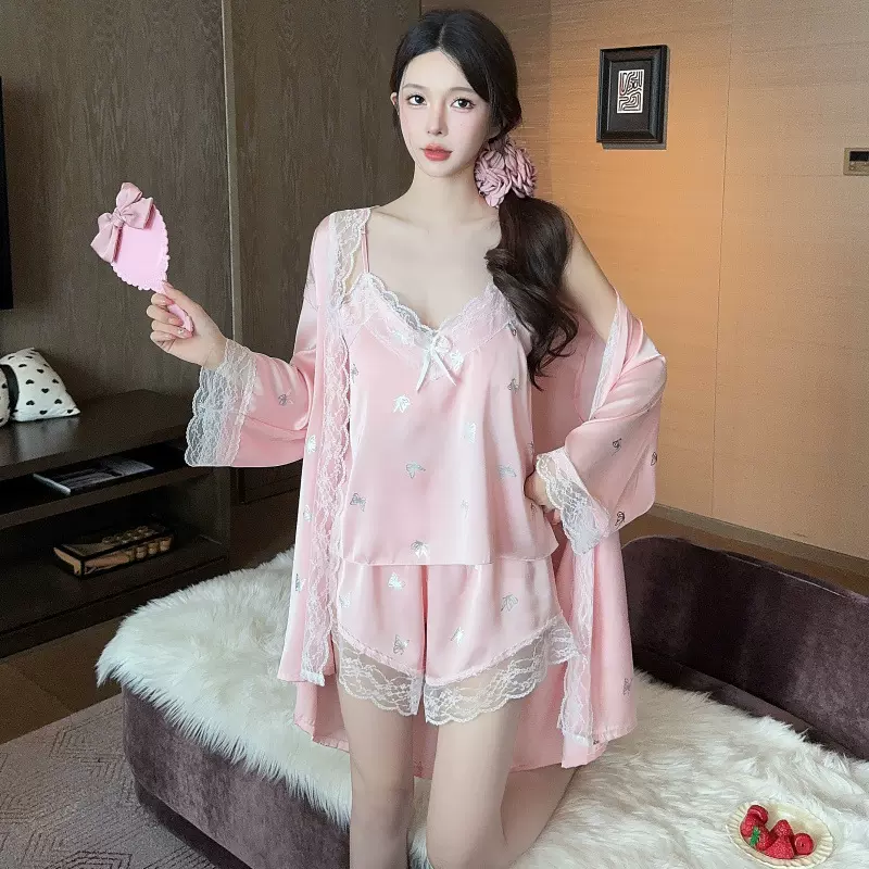 带胸垫冰丝睡衣三件套蝴蝶吊带短裤睡袍冰雪丝女夏季仿丝绸家居服