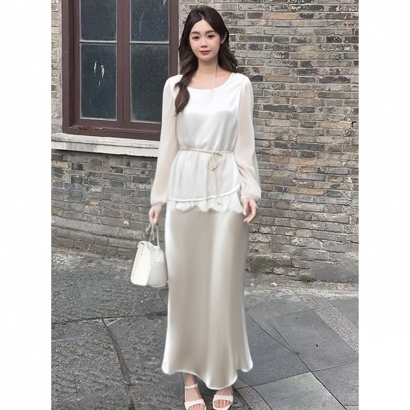 【两件套】【有里布】【送腰带】法式蕾丝拼接显瘦罩衫裙子套装|undefined