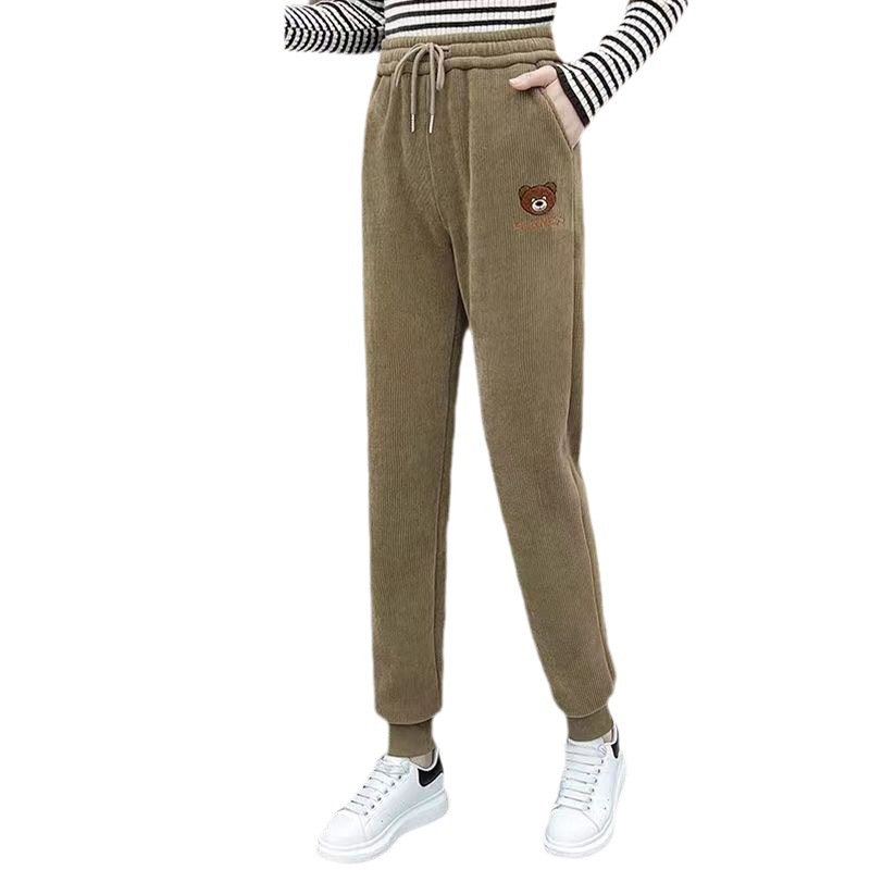 Pantalones de chándal gruesos con forro polar para mujer 2023 Otoño e Invierno pantalones atados al tobillo de cintura alta adelgazante oso bordado de pana Pantalones deportivos Casuales image 7