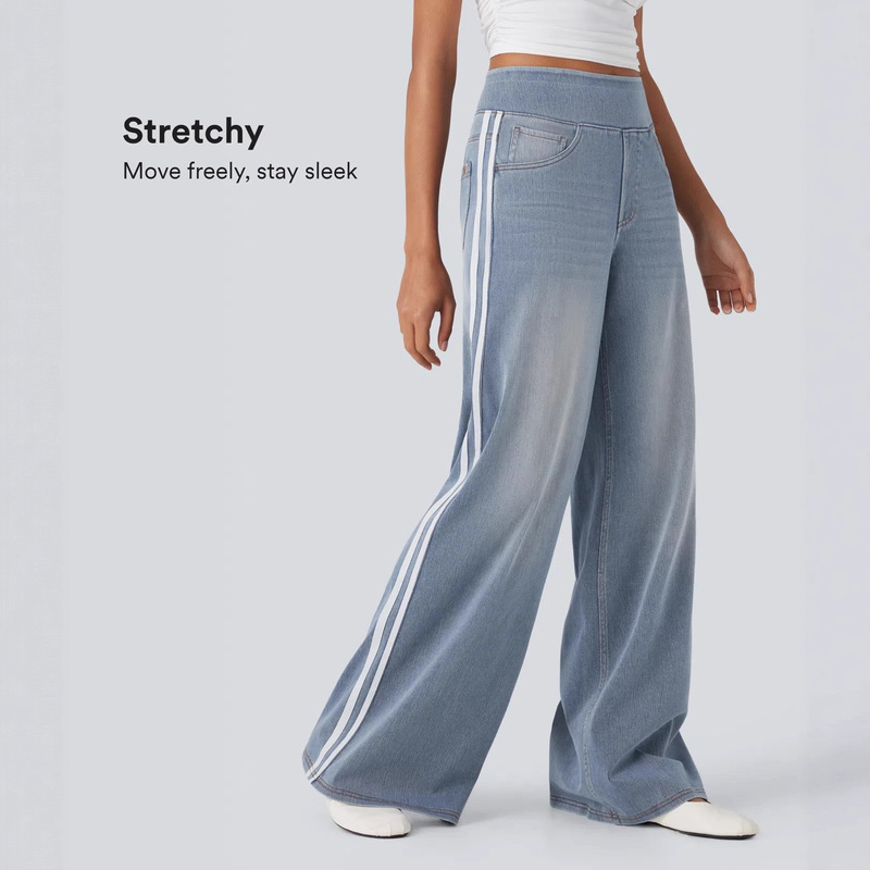 2025 European and American Retro Washed Blue Side Striped Jeans for Women Y2K High Street Design Loose and Versatile Wide Leg Drag