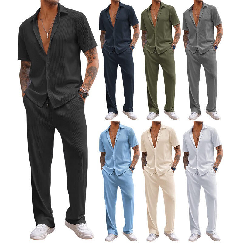 Cross-border European and American new men's solid color short-sleeved trousers loose casual suit foreign trade Cross-border European and American new men's solid color short-sleeved trousers loose casual suit foreign trade