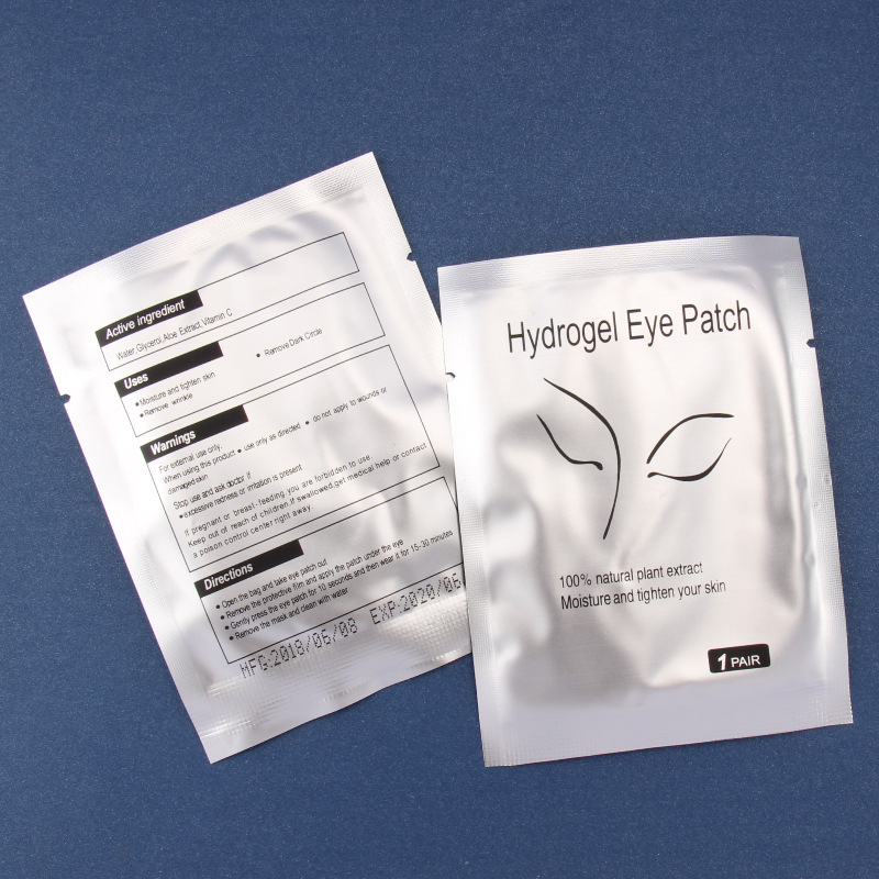 50-pair pack of disposable sterile eyelash extension patches with collagen-enhanced protective pads for eyelash enhancement.