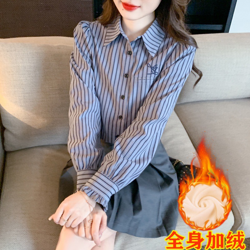秋冬季2025新款时尚加绒加厚条纹衬衫女长袖刺绣女士衬衣休闲上衣