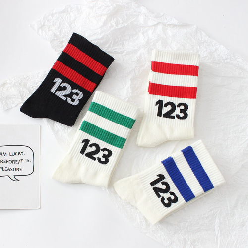 Cross-border 123 digital couple sports cotton socks spring and autumn white basketball socks wholesale men's mid-calf socks