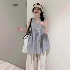 蓝色格子无袖v领背心小上衣女夏季外穿2026新款夏日漂亮ootd穿搭