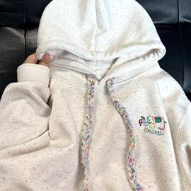 春秋彩点纱小象刺绣连帽卫衣女装麻花编织抽绳宽松慵懒风休闲上衣