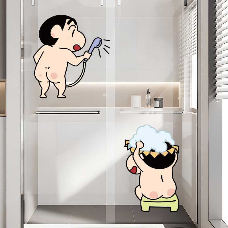 Crayon Shin-Chan Cartoon Toilet Bathroom Kitchen Door Glass Sticker Waterproof Wall Sticker Bathroom Sliding Door Anti-Collision