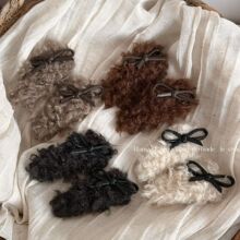 秋冬仿羊羔毛bb夹甜酷PU皮蝴蝶结毛绒发夹侧边夹新款刘海夹发饰