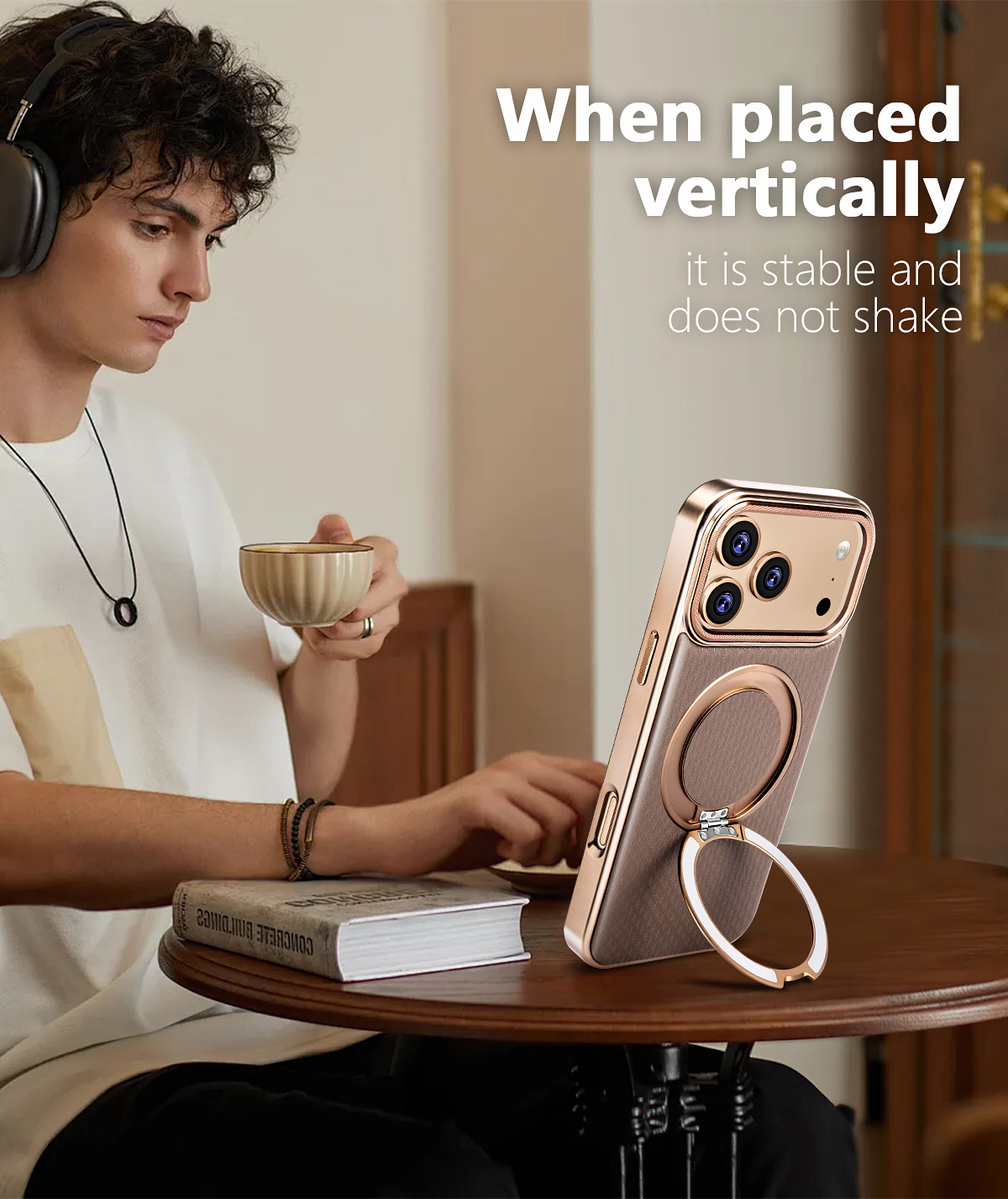 Ốp lưng da iPhone có giá đỡ xoay 360 độ, chống sốc viền dày — đen, xám, màu nâu, quả cam chi tiết 10