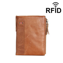 外貿瘋馬皮男士錢包卡包真皮RFID防盜刷短款復古雙拉鏈折疊錢夾