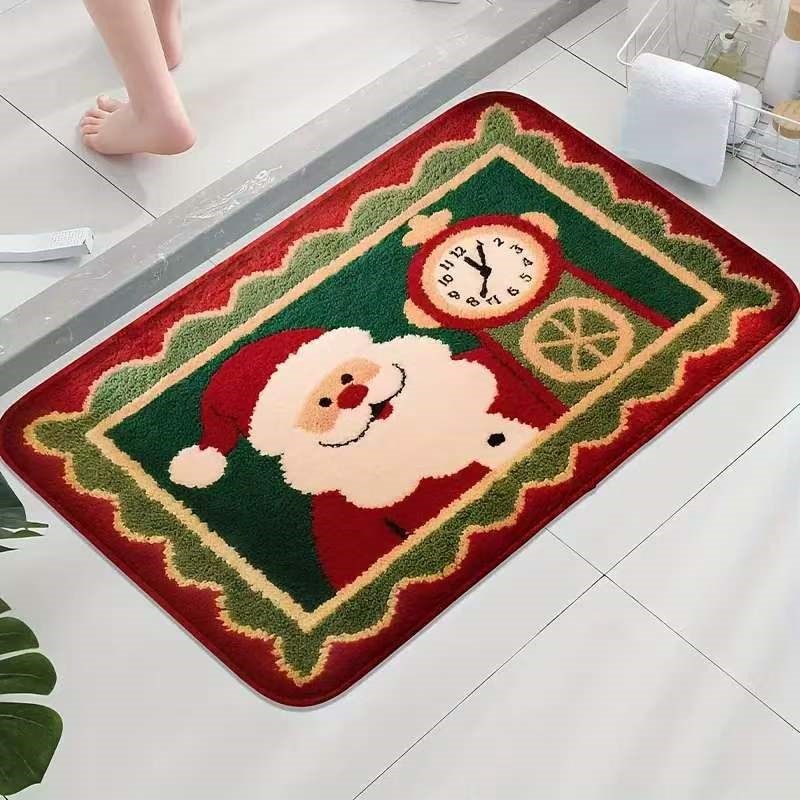 Cross-border best-selling Santa Claus-themed faux cashmere bath mats, absorbent and heat-insulating mats for bathrooms, bedroom entrance mats, and decorative mats for the entryway