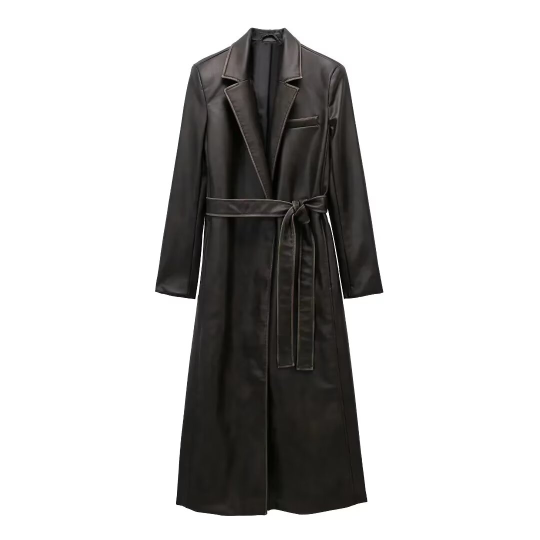 Washed Leather Trench Coat With Belted Waist Design