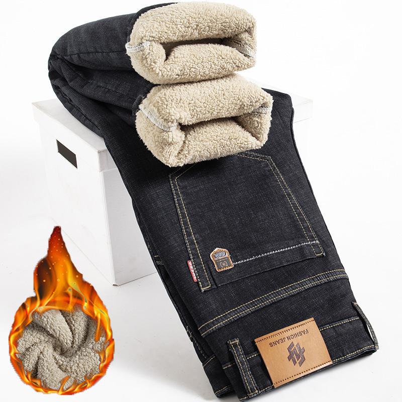 Fleece-lined thick jeans men's loose straight trousers 2023 new middle-aged cotton elastic autumn and winter warm cross-border