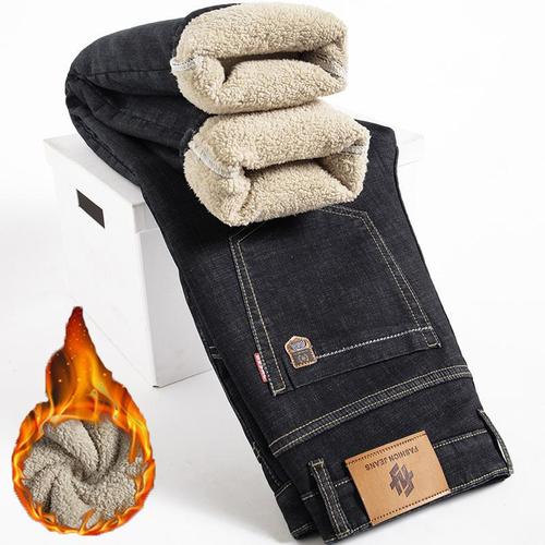 Men's Loose Straight Leg Thick Padded Jeans  New Arrival Mid-Age Cotton Elastic Autumn/Winter Warmth Cross-Border