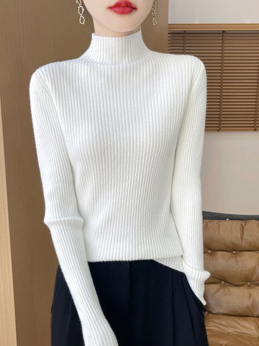 Autumn New Semi-High Collar Women's Long-Sleeve Fitted Ribbed Casual Knit Top Crewneck Sweater Outerwear for Layering