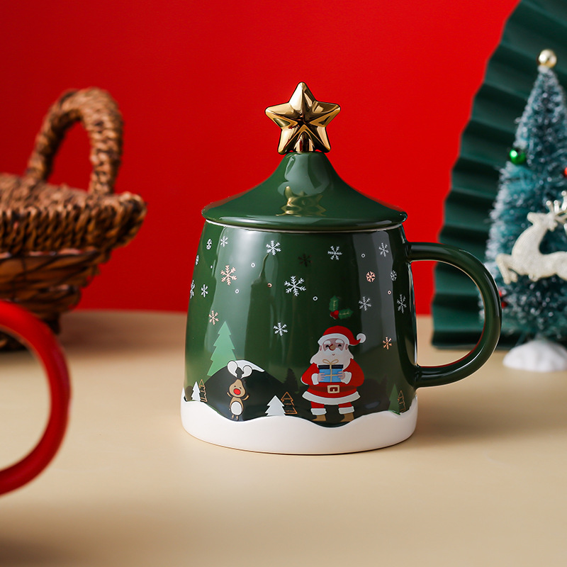 Regalo de Navidad creativa Taza de cerámica taza de dibujos animados nórdico par taza de agua taza de café con tapa cuchara