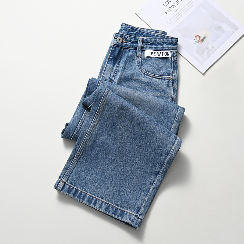 MOC同款直筒藍色牛仔褲棉質高腰百搭顯瘦闊腿褲設計感法棍牛仔褲