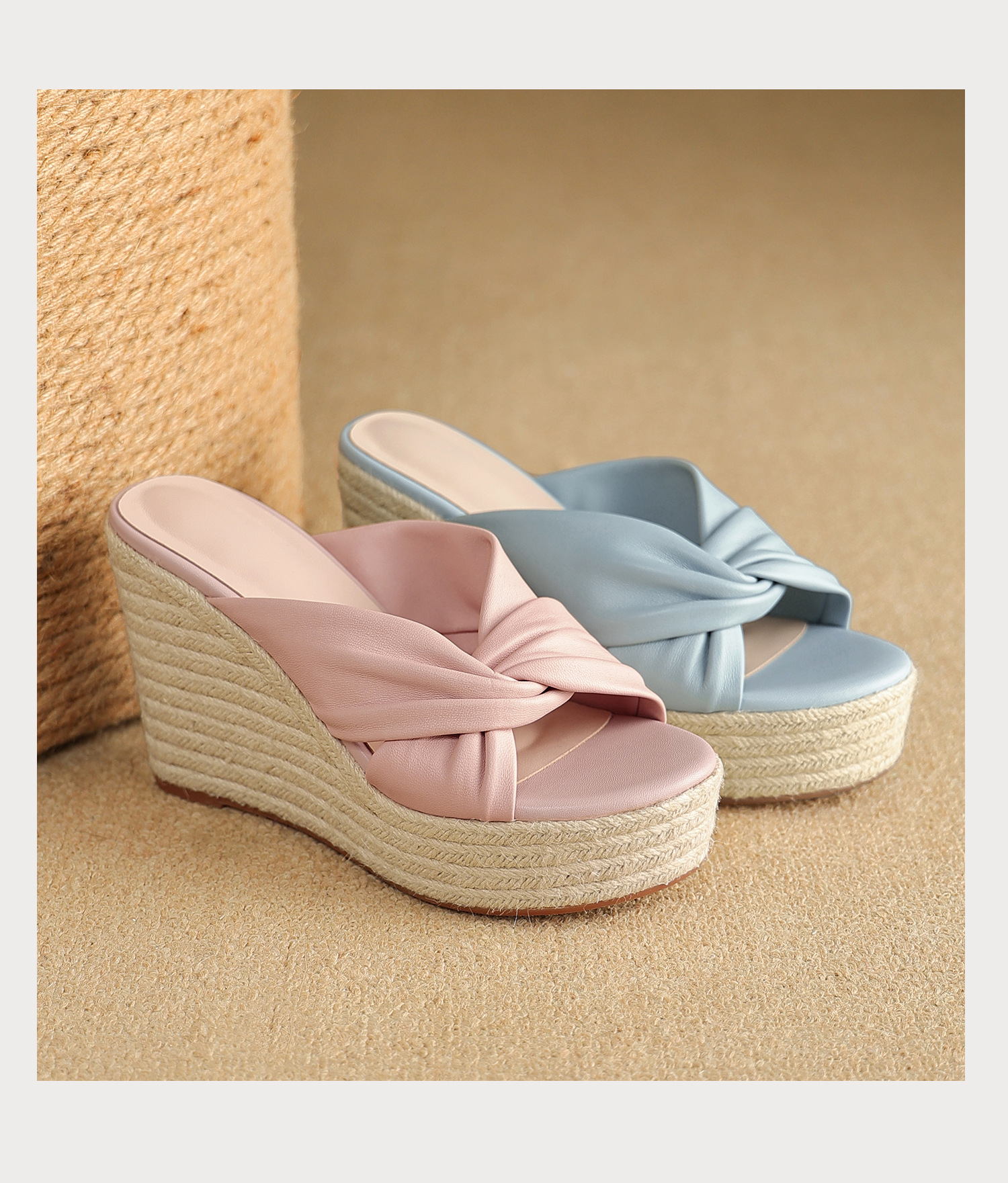 Sandal cao gót nữ quai chéo hở mũi đế xuồng bện cói gót 9 cm — màu thiên thanh, màu hồng chi tiết 20
