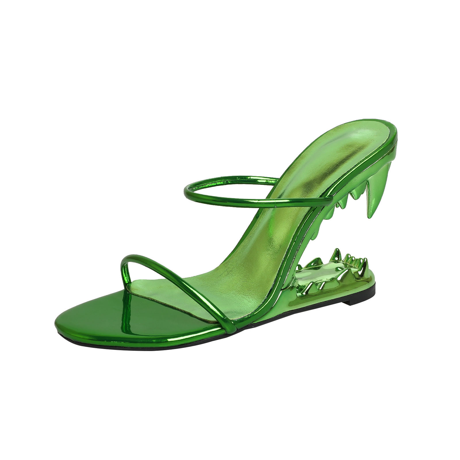 Chanclas de punta redonda transfronterizas, tacones de dientes de tigre huecos, zapatillas de cuña, nueva combinación de banda delgada tejida, sandalias de espina de tacón súper alto