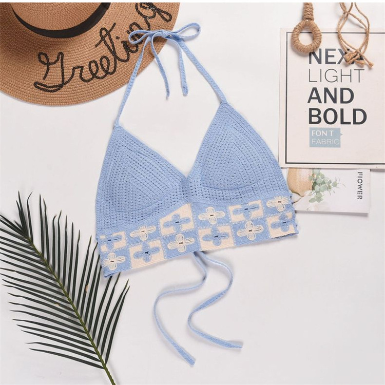 Beach Backless Lace-up V-Neck Outer Wear Knitted Tube Top Halter Bra Chest Wrap Bikini Swimsuit Top for Women