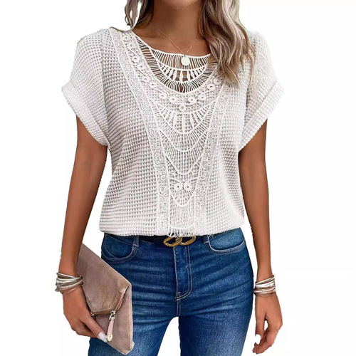 European and American Spring and Summer Independent Station Lace Patchwork Short Sleeve T-shirt Women's Clothing