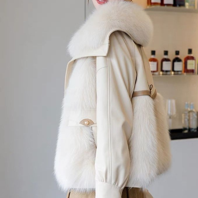 New Genuine Leather down Jacket Women's Short Goatskin Fox Fur Collar Fur All-In-One Warm Jacket Winter