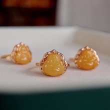 天然蜜蜡佛公戒指S925纯银俄罗斯满蜜新款设计感抖音电商直播批发