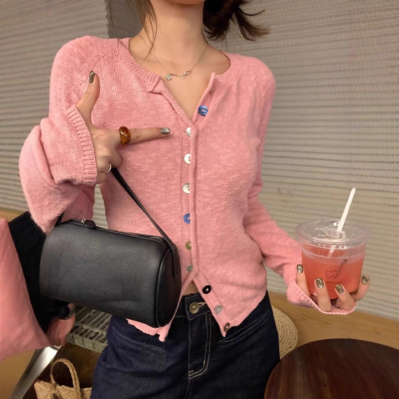 Im to 1 Sweet Oxygen Weave ~ Snowflake-Like 100 Cotton Contrasting Shell Buttons Slimming Look Knitwear Women's Autum Knitted Cardigan