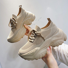 2023 Summer New Knit Leather Upper Breathable Height Increasing Dad Shoes Casual Sports Shoes for Women Ins Small Size 32-34