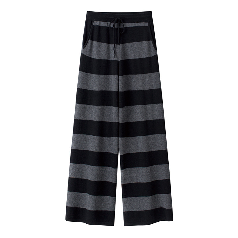 12-Gauge Plain Pure Cashmere Women's Striped Sweatpants Casual Fashion Side Pocket Drawstring Color Matching Skin-Friendly Straight Pants