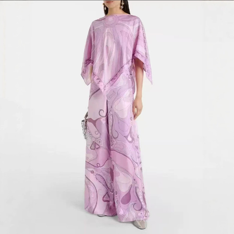 Independent Brand 2026 New Intellectual Style Round Neck Ruffle Sleeve Top + Printed Wide-Leg Flared Pants Two-Piece Set