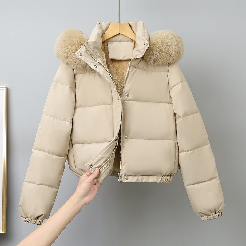 2025 otoño y invierno nuevo estilo americano pequeño corto gran cuello de cabello y camello grueso chaqueta de algodón de invierno de mujer chaqueta de algodón image 9