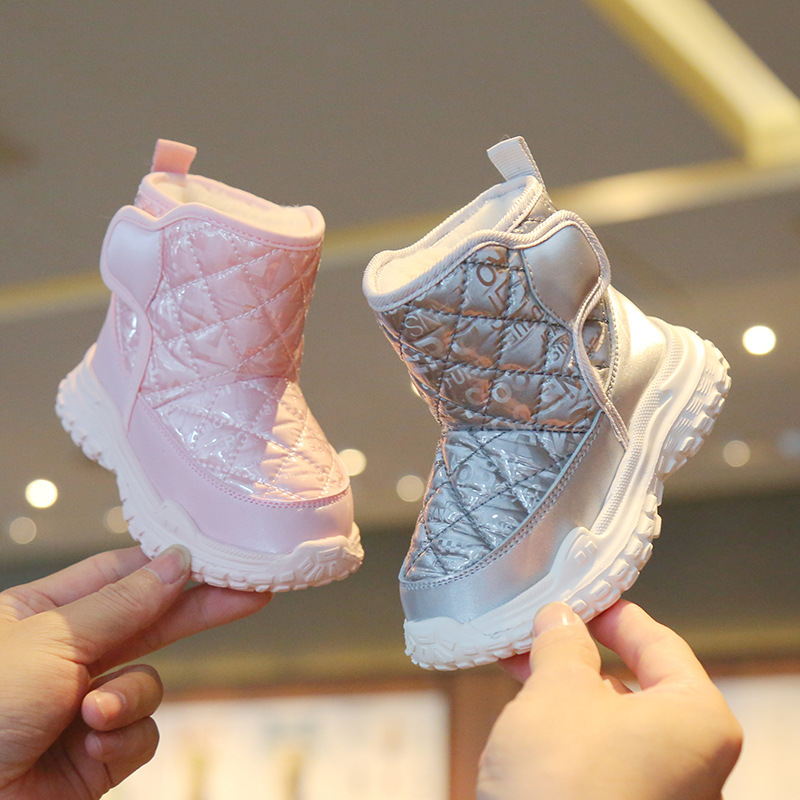 Botas de nieve para niños engrosadas con forro polar de Velcro alto de color sólido zapatos casuales acolchados de algodón cálidos botas acolchadas de algodón para hombres y mujeres