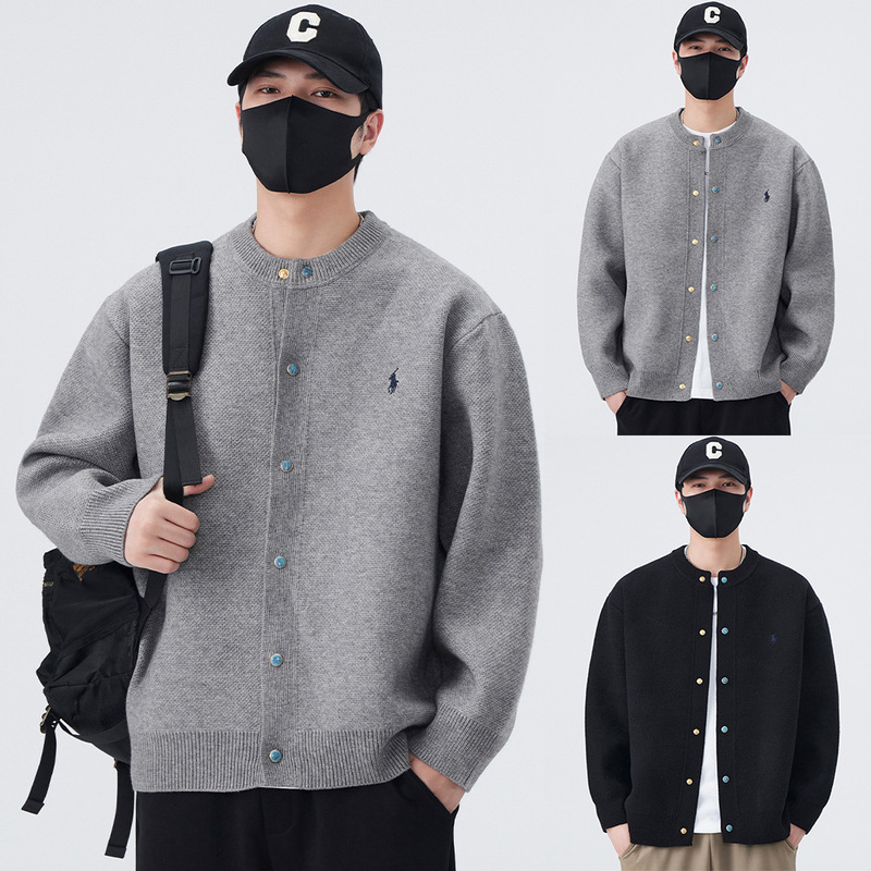 Autumn and Winter New Embroidered Cardigan Knitwear Men's Jacket Old Money Style Turquoise Button Foreign Trade Cross-Border Wholesale