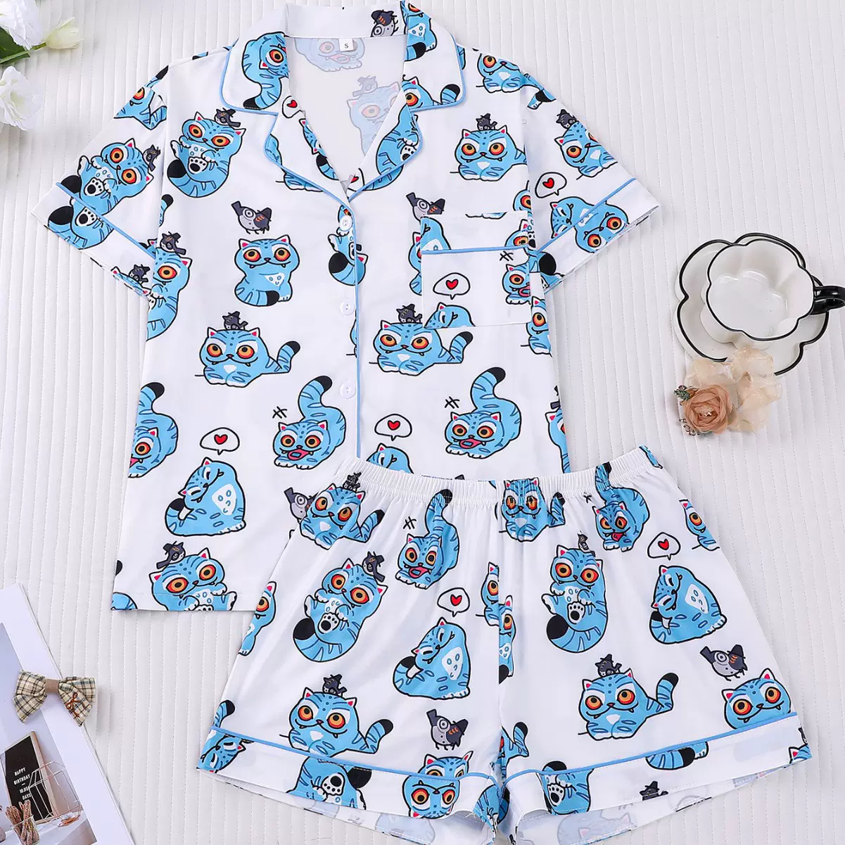 跨境女士家居服套装短袖短裤翻领卡通印花休闲可外穿睡衣套装批发