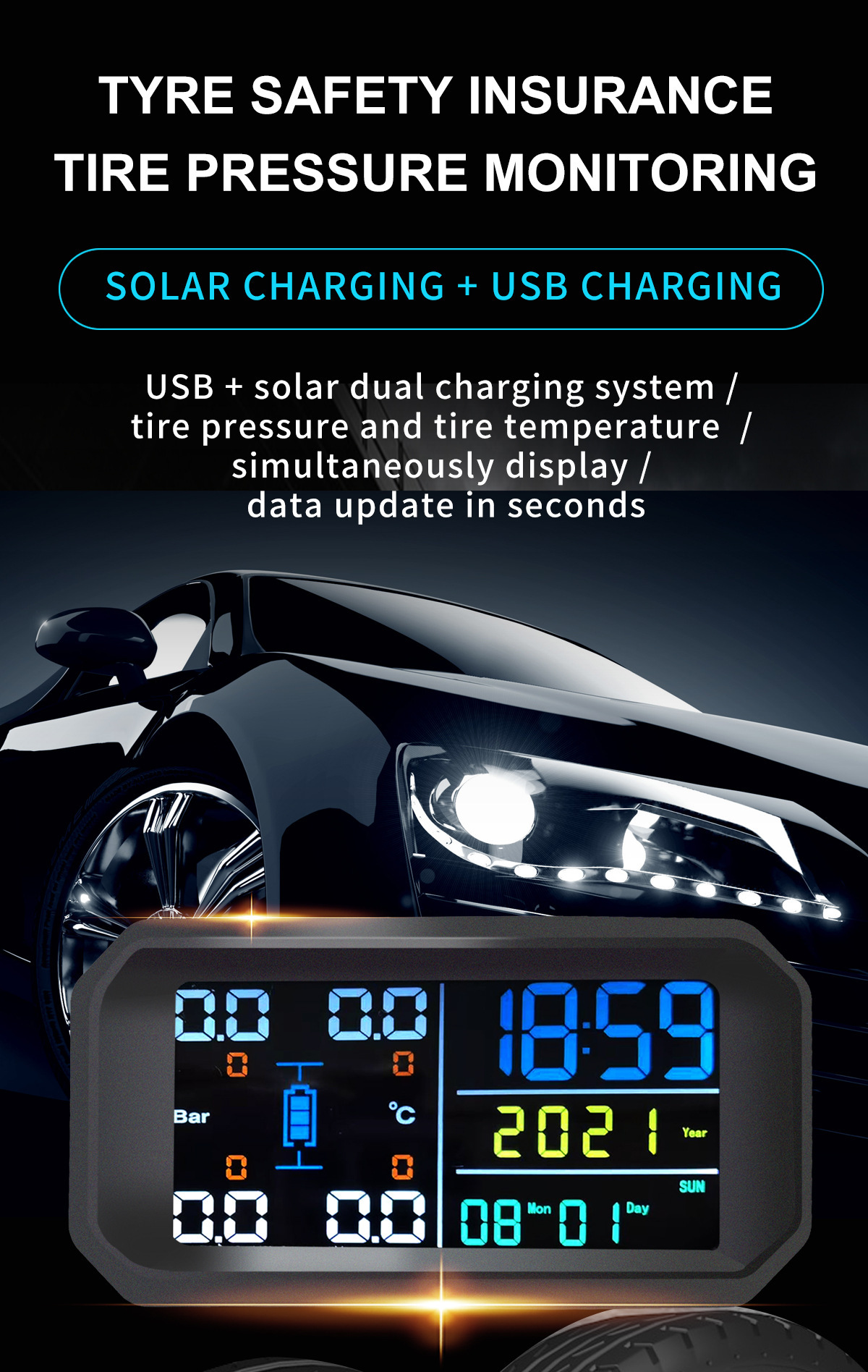 Car Solar Wireless Tire Pressure Monitor Tpms System External Car Perpetual Calendar Tire Pressure Detection