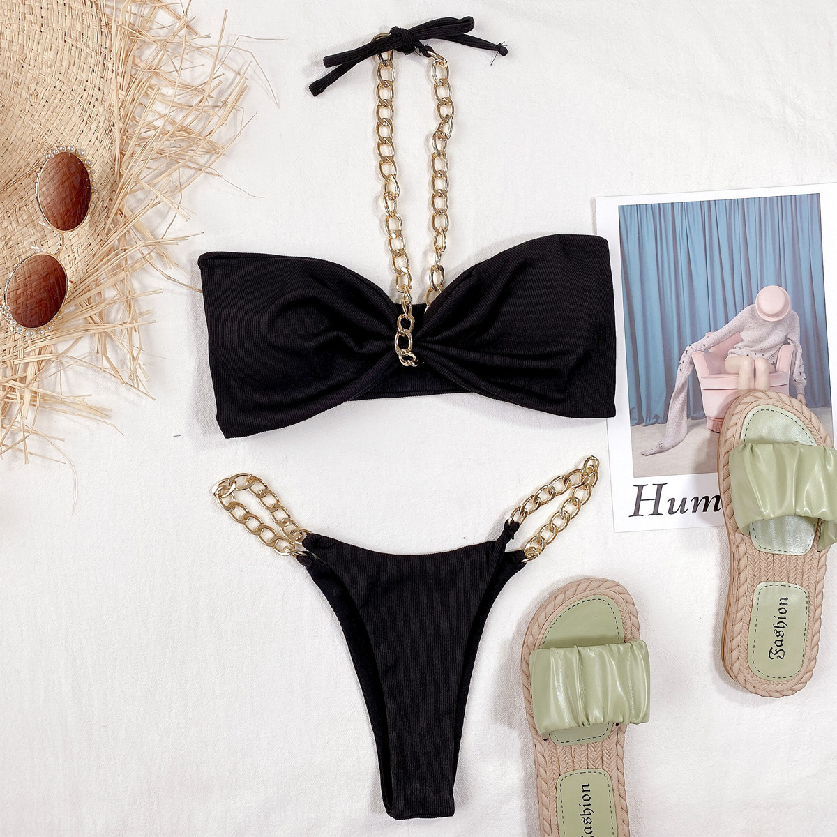 solid color sexy chain sling split swimsuit NSDA51934