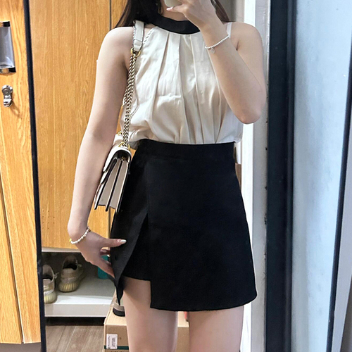 Black split suit and short skirt, women's summer large size fat mm, belly-covering, slimming pear shaped figure, high-waist a-line skirt