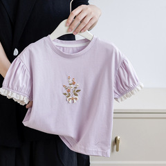 女童夏季韓版短袖T恤2024新款女孩刺繡圓領打底衫兒童寬鬆上衣潮