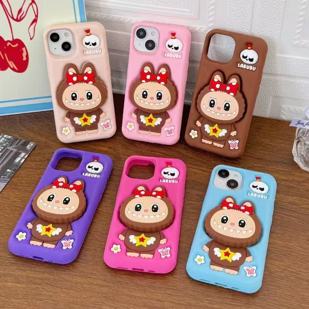 适用iphone16潮玩可爱卡通拉布布天使翅膀labubu带伸缩支架手机壳
