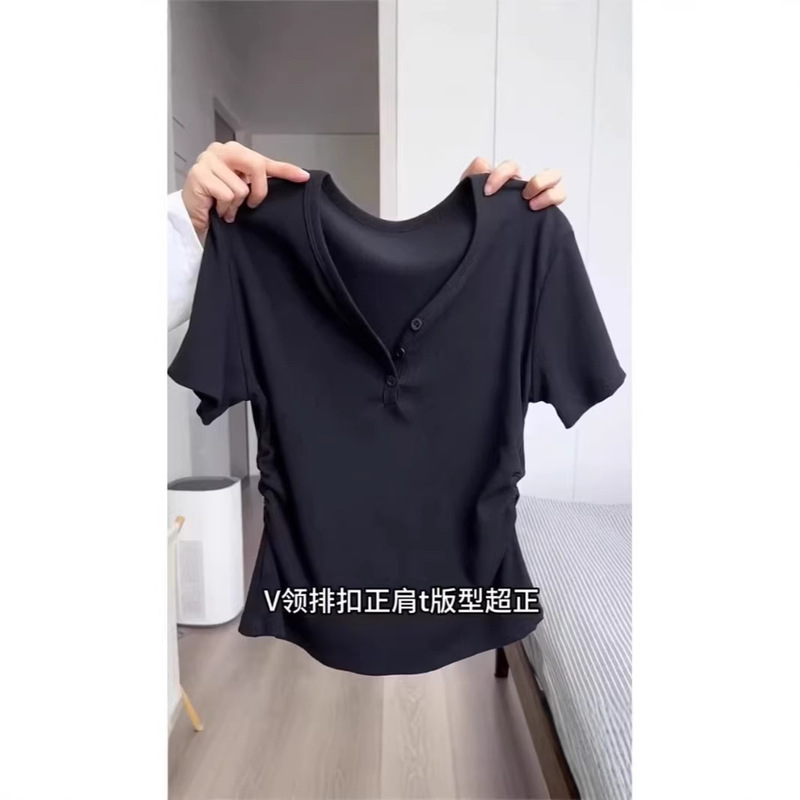 Brother's Exclusive Store Quality Spring/Summer New Irregular V-Neck Regular Shoulder Short-Sleeve T-Shirt, Tummy-Concealing Slim-Fit Short Drawstring Top