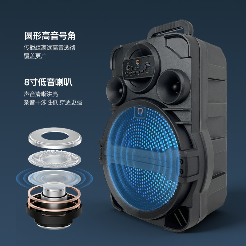 Portátil único de 8 pulgadas con luz altavoz Bluetooth micrófono cableado tipo-C carga K-canciones al aire libre