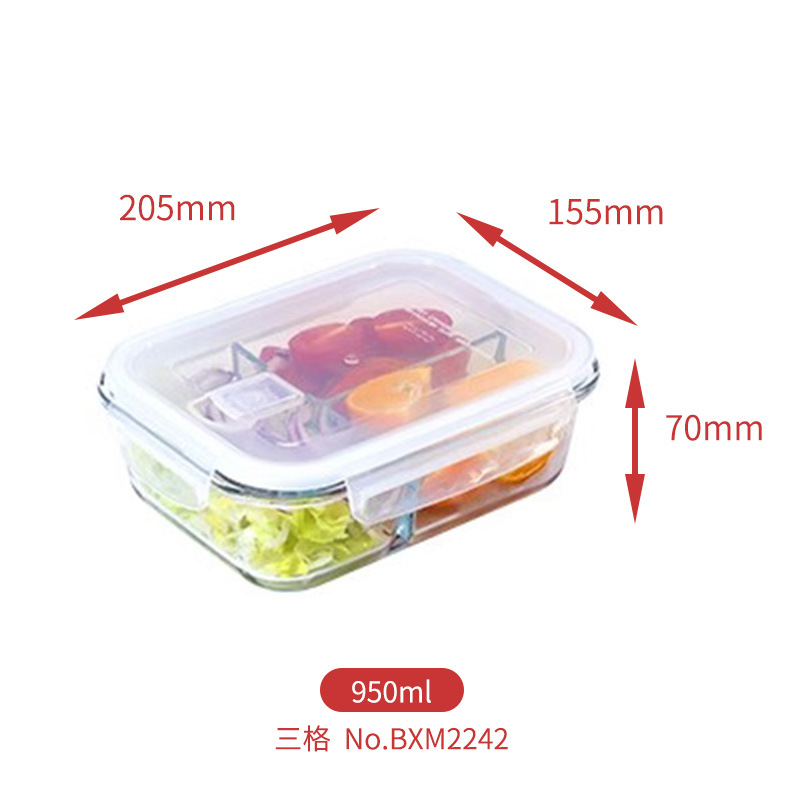 Caja de almuerzo de vidrio horno microondas calefacción tazón refrigerador alto boro más nítido trabajador de oficina caja de almuerzo de tres rejillas