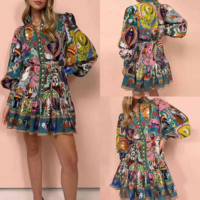 2026跨境欧美女装印花圆领收腰系带褶皱荷叶边复古百褶欧美连衣裙