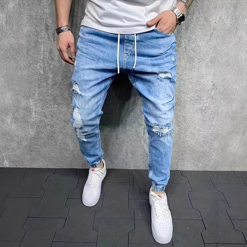 Cross-Border Foreign Shipping Independent Site Trendy Brand Drawstring Ripped Jogger Jeans for Men in Blue Vintage Casual Style